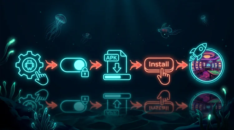 Illustration: Schritt-f&uuml;r-Schritt-Infografik zur Android-APK-Installation mit Icons und Korallen-Pfeilen unter Wasser.