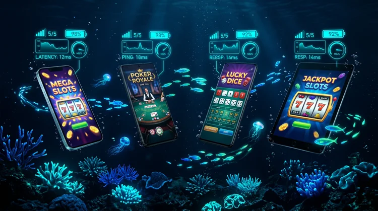 Illustration: Vier Mobilger&auml;te mit Casino-App und Performance-Anzeigen im dunklen Ozean.