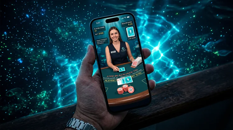 Illustration: Hand h&auml;lt Smartphone mit Live-Blackjack-Tisch und Dealer auf dem Display im Unterwasser-Setting.