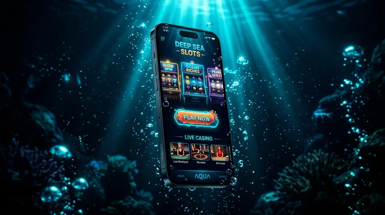 Illustration: Smartphone mit dunkler Casino-App-Oberfl&auml;che, Slots und Live-Bereich im Tiefsee-Licht.