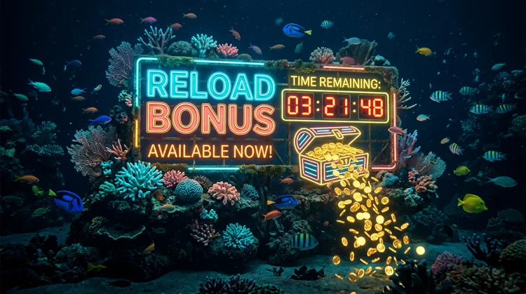 Illustration: Neon-Schild mit Reload-Bonus und M&uuml;nzen an einem Korallenriff unter Wasser.