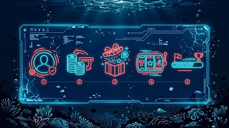 Illustration: F&uuml;nf-Schritte-Hologramm zu Konto, Einzahlung, Bonus, Freispielen und Umsatz unter Wasser.