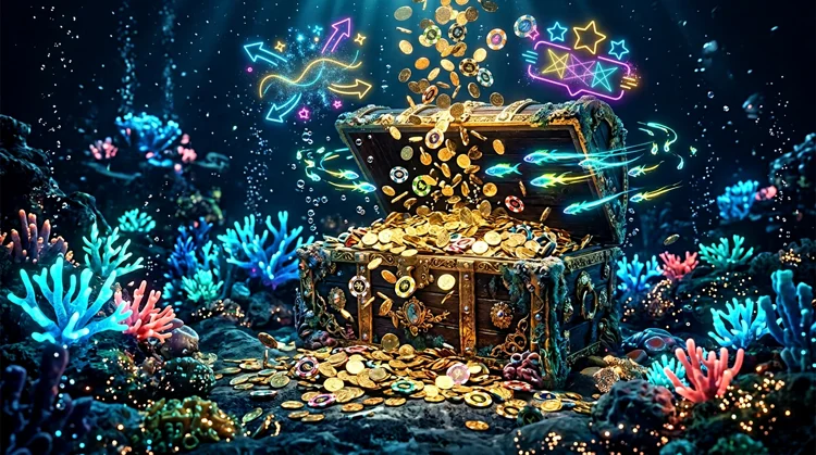 Illustration: Schatztruhe mit Casino-Chips, M&uuml;nzregen und Korallen unter Neonlicht im Tiefsee-Setting.