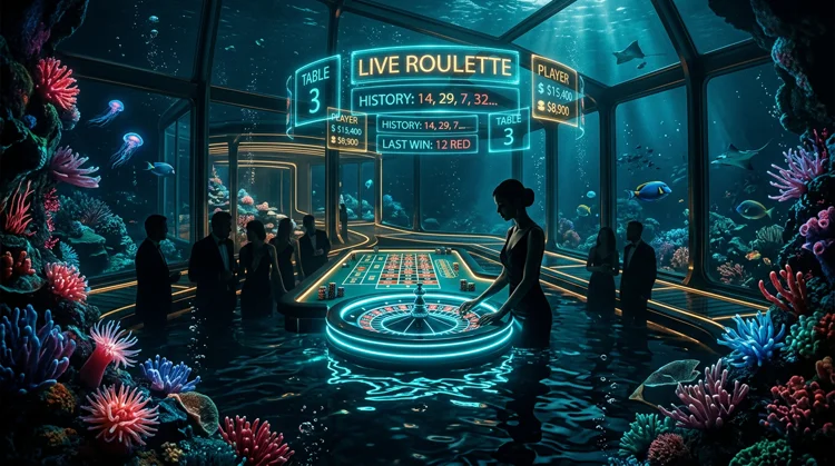 Illustration: Live-Roulette-Tisch mit Dealer und Neon-Reflexionen im dunklen Unterwasser-Casino.