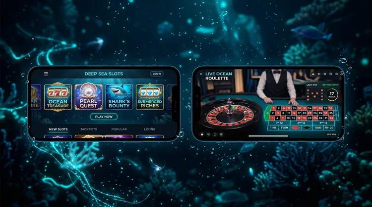 Illustration: Zwei Smartphones mit Casino-Lobby und Live-Roulette im dunklen Ozean-Setting.