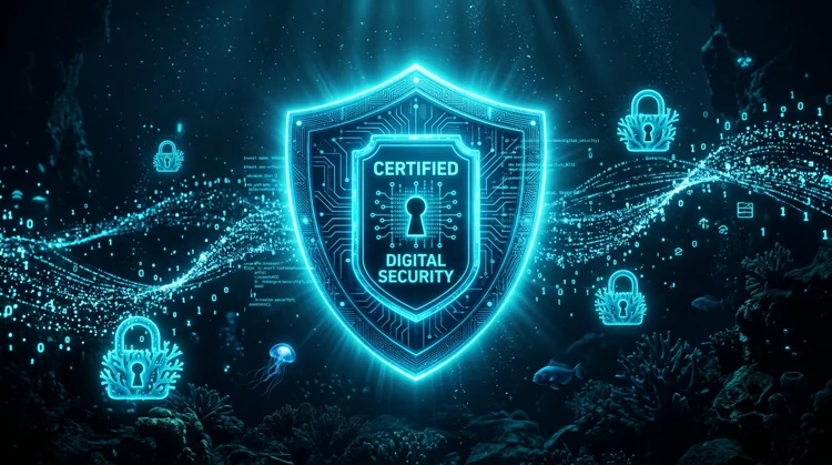 Illustration: Leuchtendes Sicherheits-Schild mit Zertifikat-Siegel und Schloss-Symbolen unter Wasser.