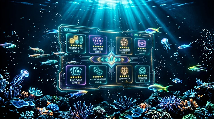 Illustration: Unterwasser-Hologramm mit Bewertungssternchen, Spielfeld und Bonus-Hinweisen.