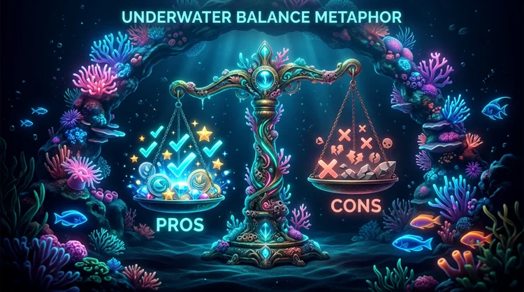 Illustration: Unterwasser-Waage mit Pro- und Kontra-Seiten, die leicht zu den Vorteilen tendiert.