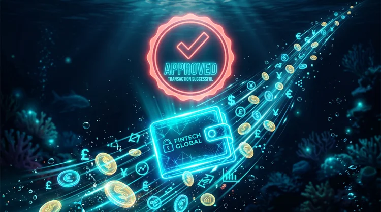 Illustration: Digitale Geldb&ouml;rse mit aufsteigenden M&uuml;nzen und erfolgreicher Freigabe unter Wasser.