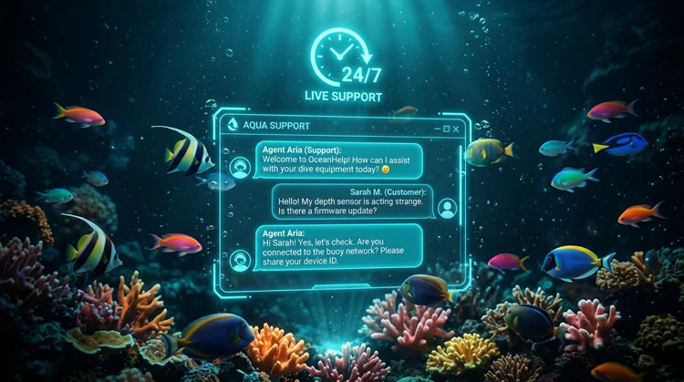 Illustration: Holografisches Chat-Fenster mit Support-Dialog und 24/7-Symbol im dunklen Unterwasser-Setting.