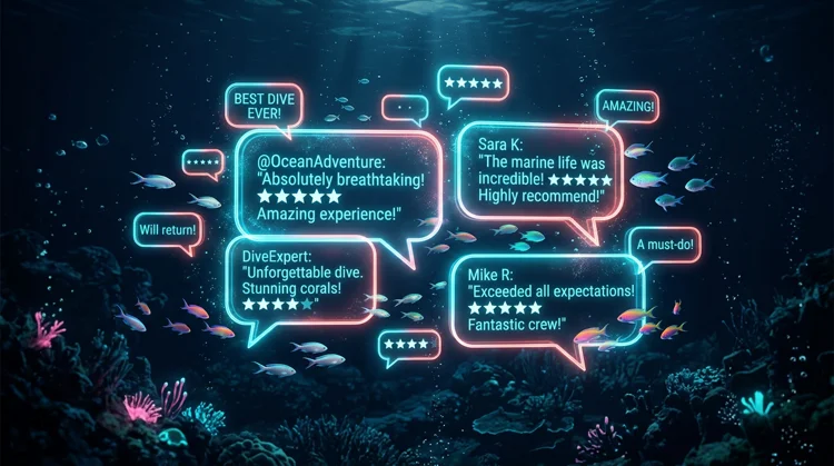 Illustration: Unterwasser-Bewertungsboard mit Sprechblasen, Sternen und Cyan-Leuchttext auf dunklem Meeresgrund.