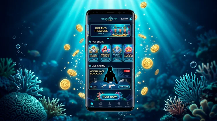 Illustration: Smartphone mit dunklem Casino-Lobby-Interface, Slots, Live-Bereich und Unterwasser-Lichteffekten.