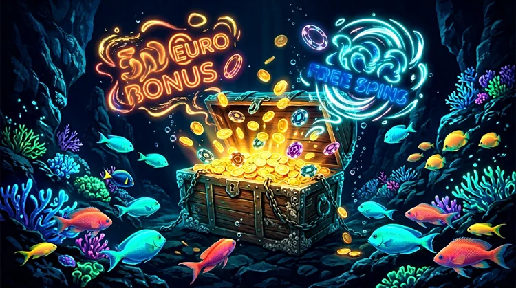 Illustration: Schatztruhe mit Goldm&uuml;nzen, Bonus-Tokens und Korallenfischen im dunklen Tiefsee-Licht.