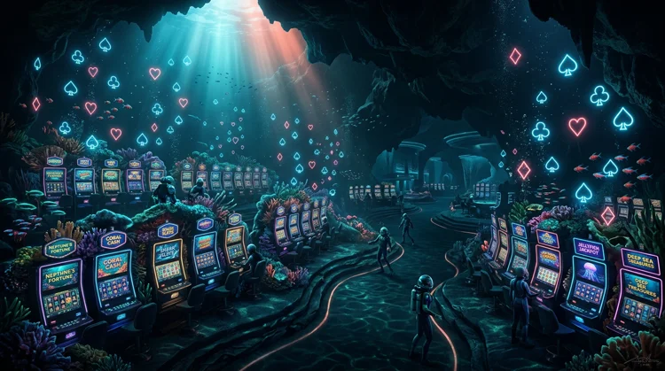 Illustration: Unterwasser-Spielhalle mit leuchtenden Slots wie Korallenriff, Spielkarten-Symbolen und Cyan-Lichtstrahlen.