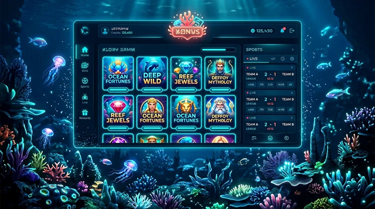 Illustration: Dunkles Casino-Dashboard mit Slots, Live-Scores und Bonus-Badge &uuml;ber leuchtendem Tiefsee-Boden.