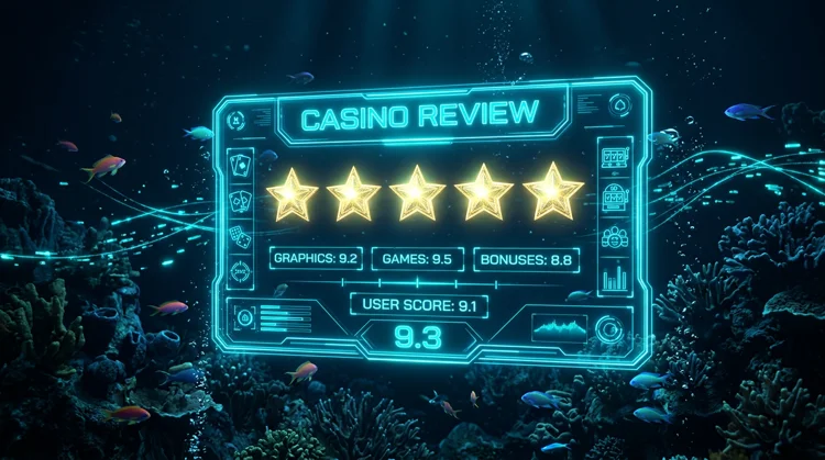 Illustration: Unterwasser-Hologramm mit Bewertungskarte, f&uuml;nf goldenen Sternen und Cyan-Licht im Tiefsee-Setting.