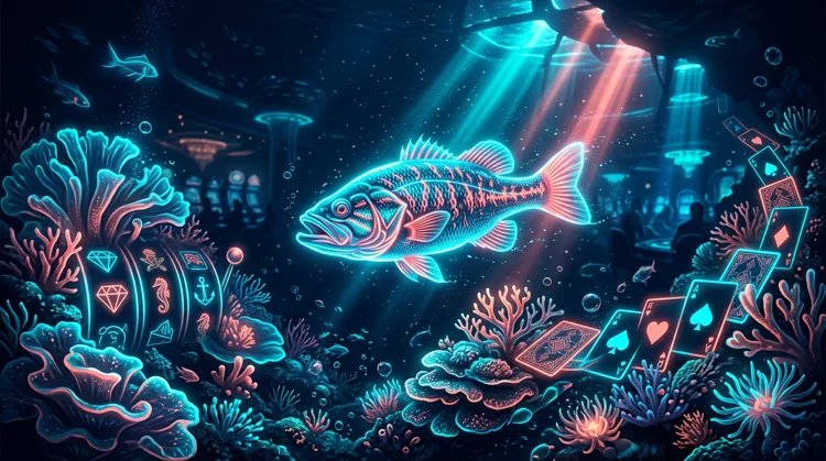Illustration: Biolumineszierender Barsch, Spielautomaten-Motive und Korallenriff im dunklen Tiefsee-Casino mit Cyan- und Korallen-Neonlicht.