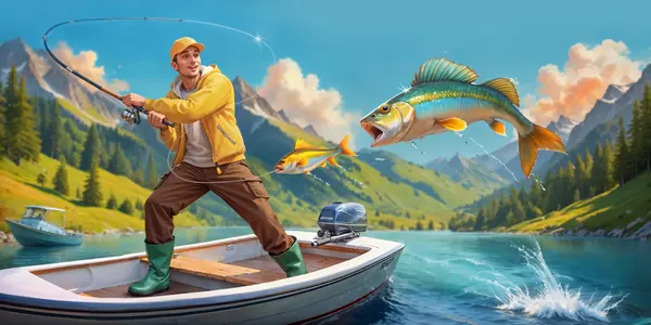 Angler im Boot mit Fisch am Haken, Live-Cashback-Art von Bassbet