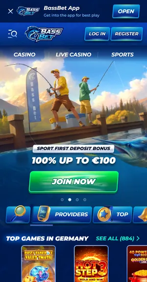 Startseite von Bassbet auf dem Handy mit Hinweis BassBet App