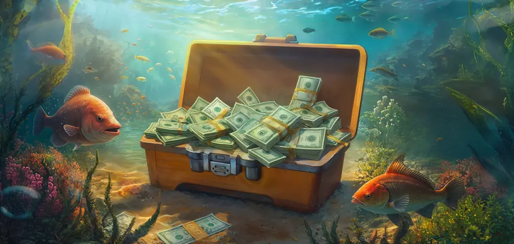 Angelkasten voller Geldscheine unter Wasser, Cashback-Art von Bassbet