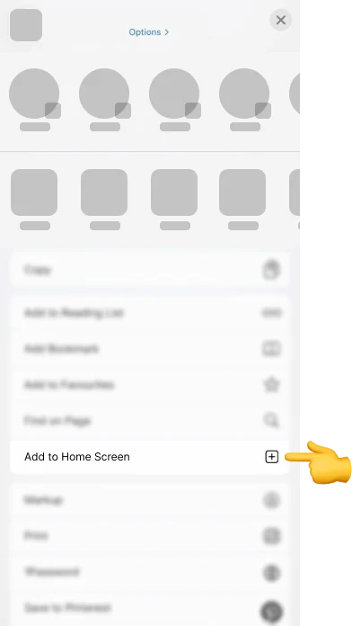 iOS Teilen-Menü mit dem Eintrag Add to Home Screen