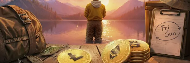 Angler am Steg im Abendlicht mit Krypto-Münzen, Art von Bassbet