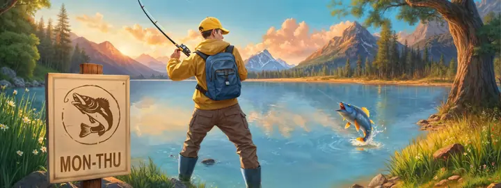 Angler am See mit Schild Montag bis Donnerstag, Reload-Art von Bassbet